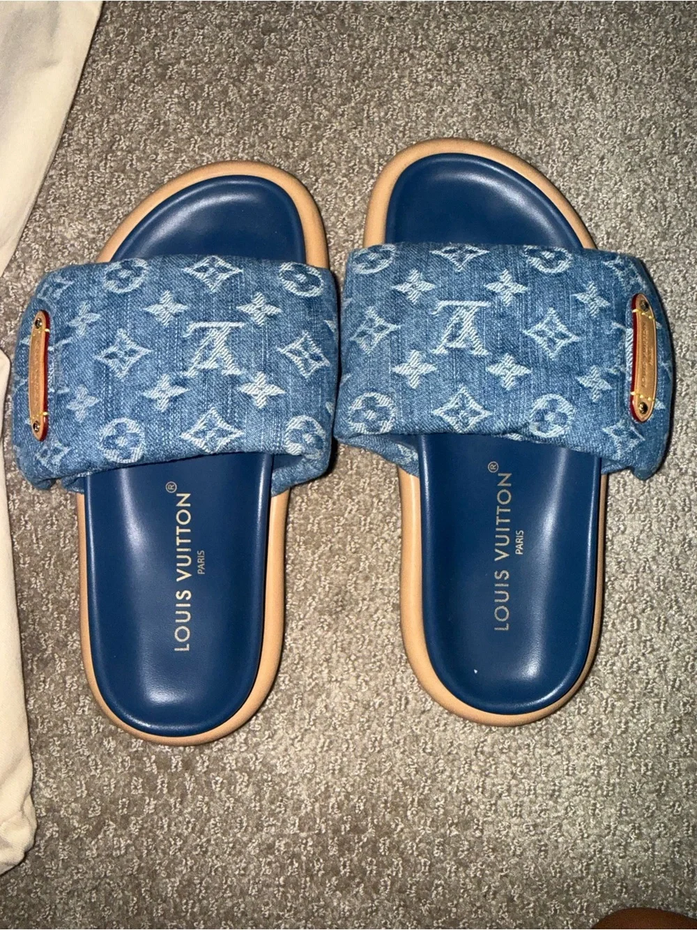 Louis Vuitton Denim Monogram Slide Sandals in Blue and Tan - Picture 3 of 4